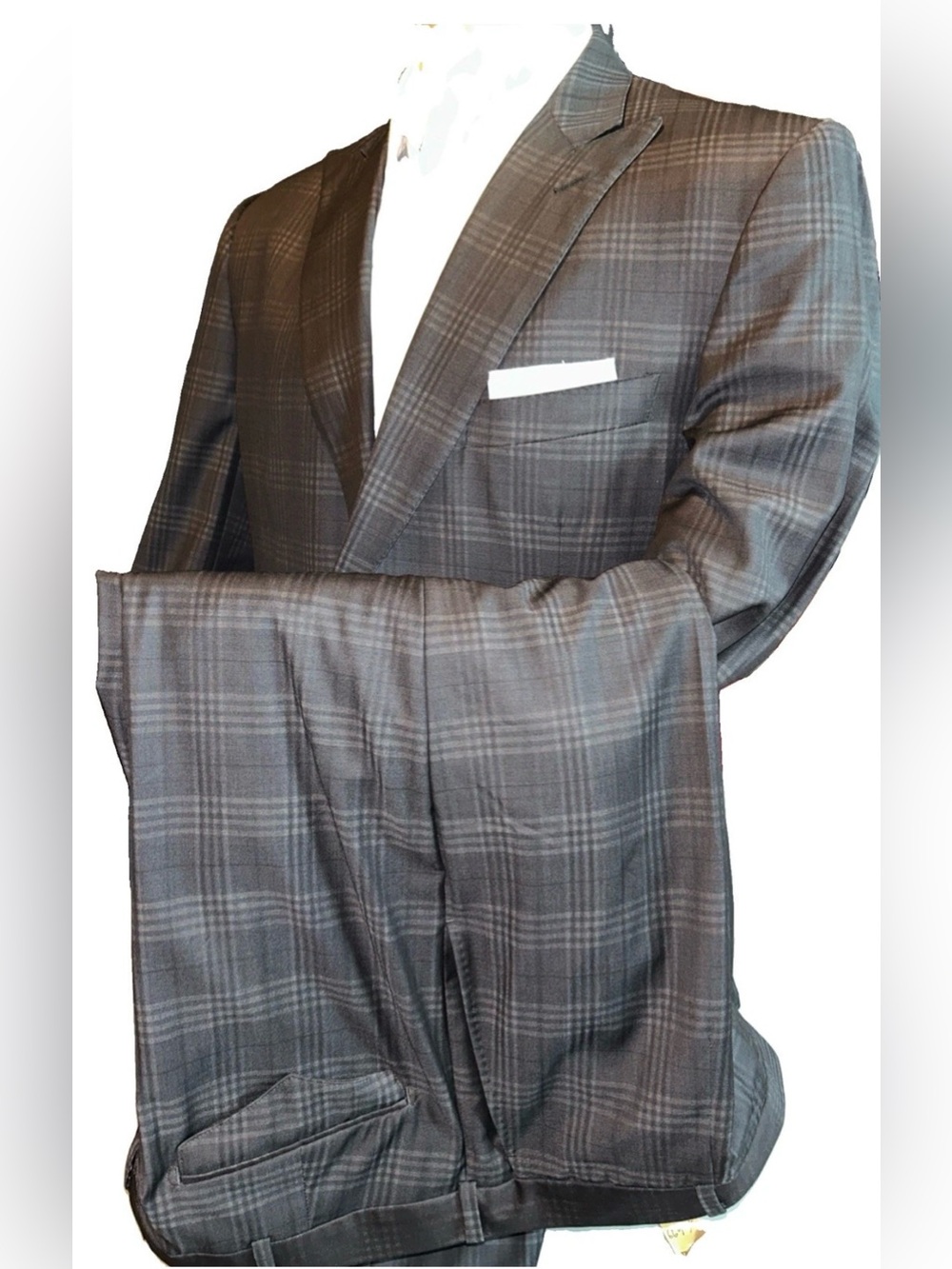 Adrian Jules Charcoal Gray Plaid Bespoke Custom Men Suit 44R Jacket 40WX26L Pant